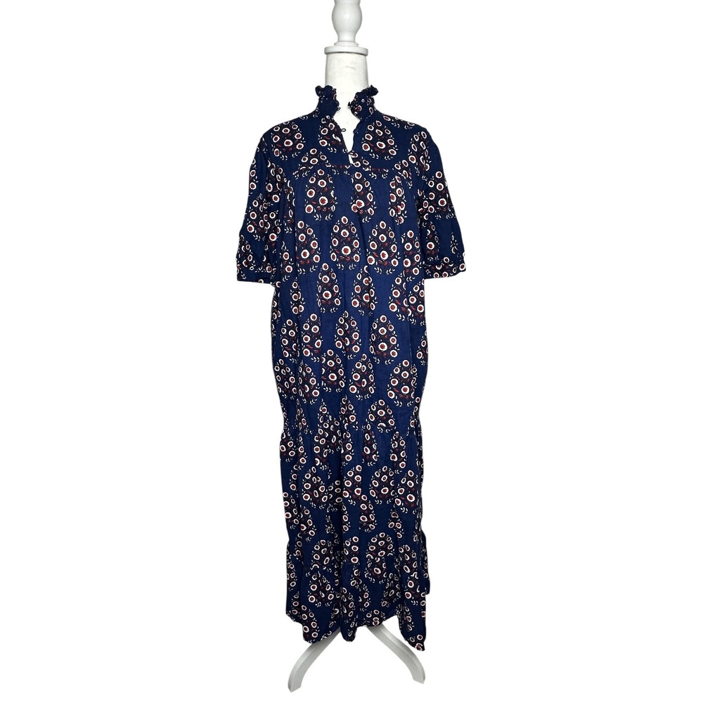Saule Parc Blue Floral Block Print Cotton Tiered Maxi Dress Ruffle Neck Small